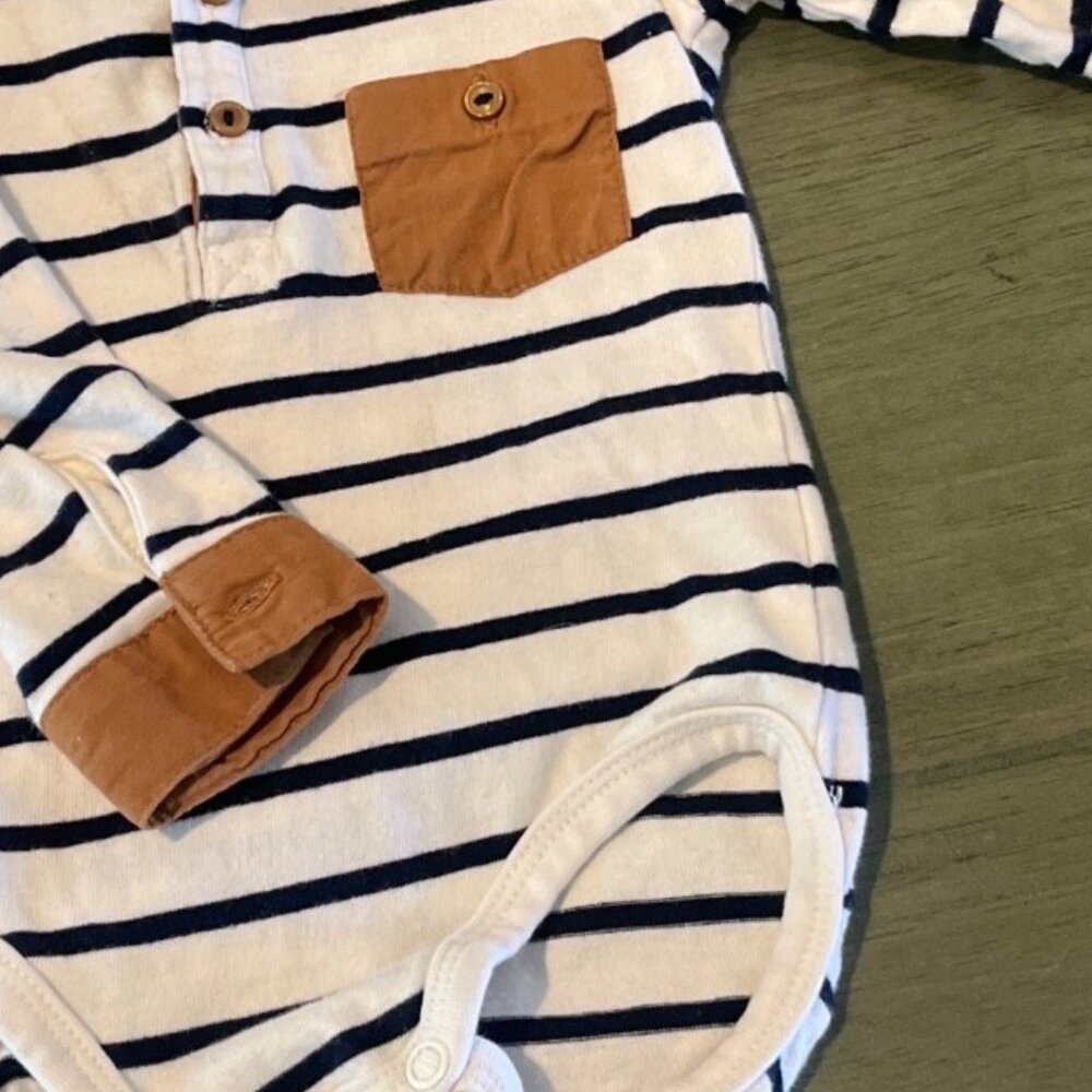 H&M Baby Striped Long Sleeve Bodysuit With Pocket 12-18M Cotton Blend White/Blue